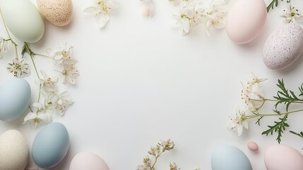 Fototapeta premium Pastel eggs surround delicate flowers, creating soft, festive at
