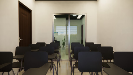 Modern and functional office interior design, expertly rendered in 3D. This visualization showcases a productive and stylish workspace, featuring sleek white desks with ergonomic chairs, ample natural