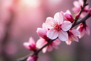Fototapeta premium Delicate pink petals unfolding on a branch of almond tree, bloom, nature, blooming tree branches