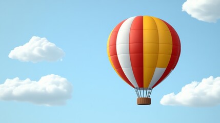 Naklejka premium A vibrant red, yellow, and white hot air balloon floats serenely against a clear blue sky