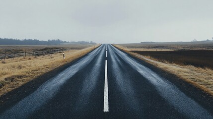 Fototapeta premium Endless road stretches through desolate landscape, reflecting mo