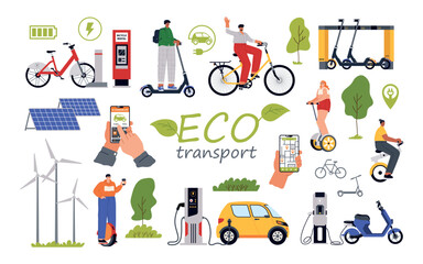 Electric transport drivers. People riding ecological vehicles in city, eco cars, scooters, charging stations, alternative energy, vector set