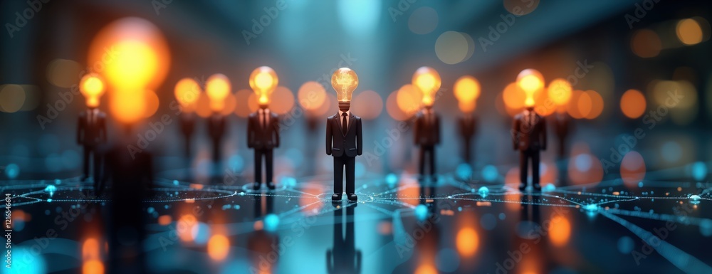 Poster conceptual image shows group of business people standing on network connection. central figure stand