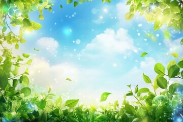 Bright sky surrounded by lush green foliage and sparkling light
