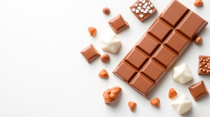 Fototapeta premium Chocolate bar packaging mockup with various pieces of chocolate and candy on white background. Generative AI