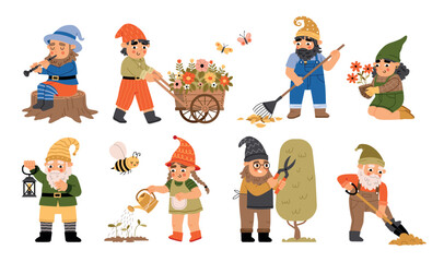 Funny garden gnomes. Cute little plants guardians, people in dwarf hats, cartoon characters cut, water trees and digging ground, vector set