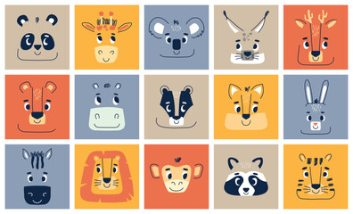Funny animals cards. Cartoon fauna characters, cute little faces, panda, giraffe, koala and bunny, wildlife zoo portraits, vector cards