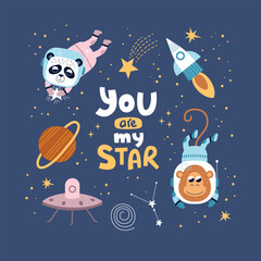 Naklejka premium Funny space animals. Cute fauna astronauts in spacesuits, kids planets and rockets, cartoon characters in zero gravity, vector illustration