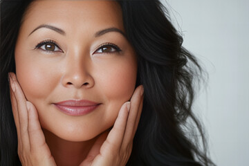 Obraz premium Close-up portrait of an Asian woman with radiant skin, natural makeup, and a confident smile, perfect for beauty, skincare, wellness, and professional concepts