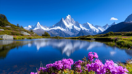 Majestic Mountain Reflection in Alpine Lake with Blooming Pink Flowers