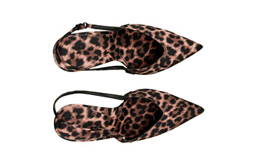 High heel leopard print shoes no background flat lay top view bottom view