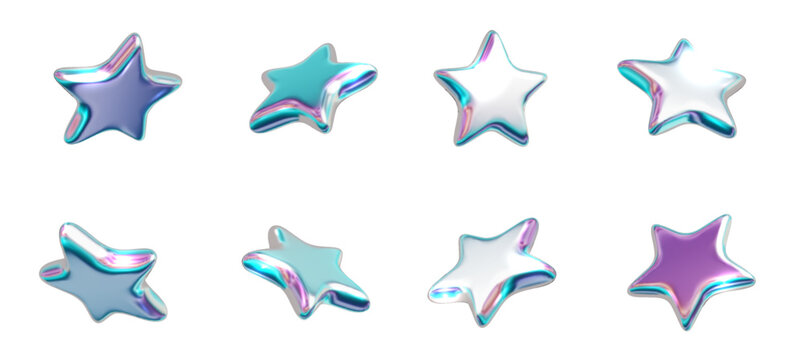 Chrome star holographic 3d collection. Metal realistic shape 3d chrome vector from different angle isolated PNG