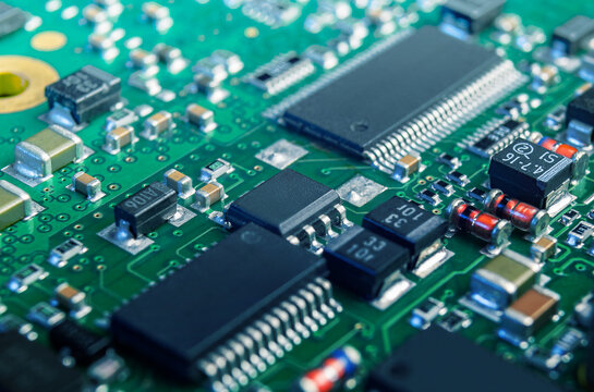 Detailed close-up of electronic circuit board showcasing components and connections