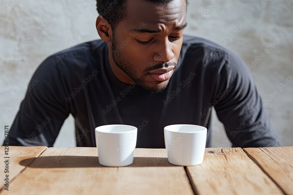 Poster focused man contemplating choices between two white cups on rust