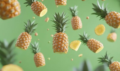 Forced perspective pattern of cute pineapples falling on green background