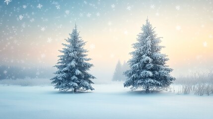 Fototapeta premium Winter sunrise, snow-covered trees in a misty field; idyllic holiday scene, perfect for cards or calendars