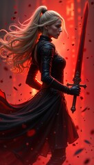 Fierce female warrior in dynamic pose. Blond hair flows. Red sword held high. Dark attire. Dramatic red background. Action-packed fantasy illustration. Legendary warrior character. Intense