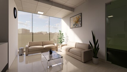 Modern and functional office interior design, expertly rendered in 3D. This visualization showcases a productive and stylish workspace, featuring sleek white desks with ergonomic chairs, ample natural