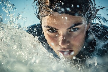 Intense expression of swimmer breaking through ocean waves, drop