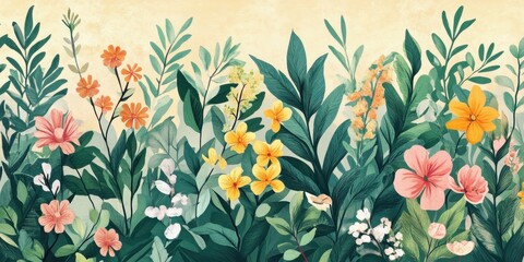 Lush Garden Floral Border With Vibrant Blooms and Greenery