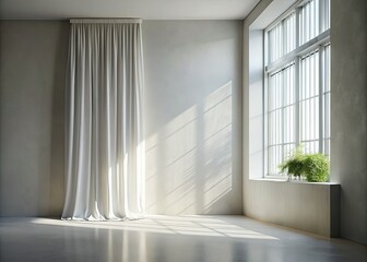 Subtle grey backdrop, soft shadows dance, sheer curtains filter light.