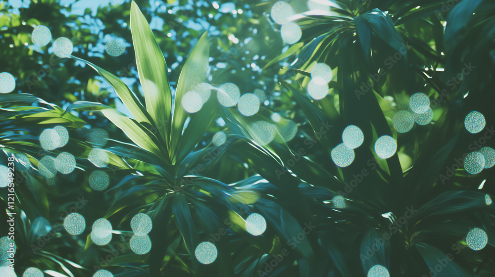 Poster sunlit leaves: a mesmerizing bokeh effect of sunlight shining through vibrant green foliage, creatin