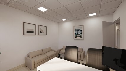 Modern and functional office interior design, expertly rendered in 3D. This visualization showcases a productive and stylish workspace, featuring sleek white desks with ergonomic chairs, ample natural