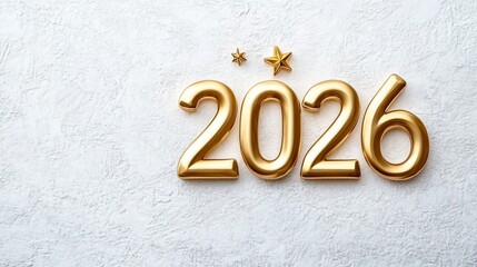 Golden Numbers 2026 and Stars Isolated on White Background, Festive New Year Concept