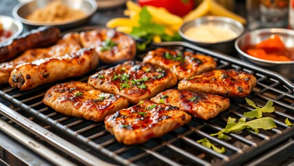 Grilled Meat Platter with Assorted Sauces and Vegetables