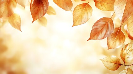 Autumn leaves frame, sunny bokeh background, fall season nature scene, ideal for greeting cards