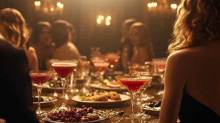 People dine at table with drinks, food and lights in elegant setting