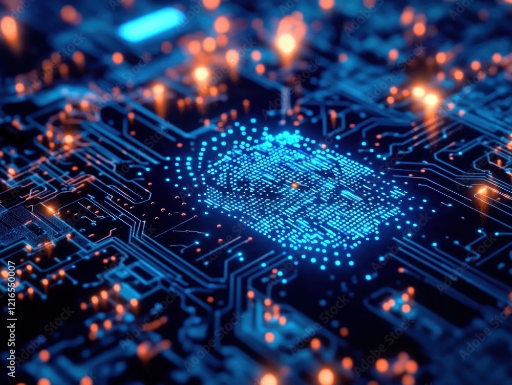 Poster digital fingerprint on a circuit board representing cybersecurity and biometric authentication.