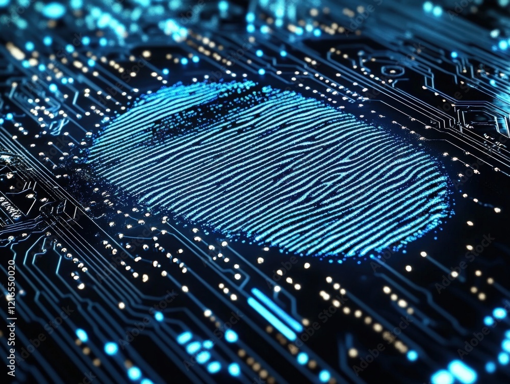 Aufkleber digital fingerprint on a circuit board representing biometric security and cybersecurity