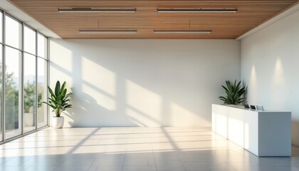 Empty modern office space with bright natural light. White walls and minimalist desk. Plant in corner. Spacious lobby area. Contemporary style. Ideal for business interior design. Illustrative photo.