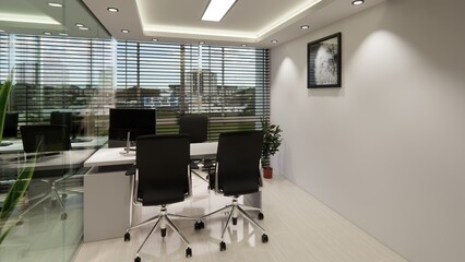 Modern and functional office interior design, expertly rendered in 3D. This visualization showcases a productive and stylish workspace, featuring sleek white desks with ergonomic chairs, ample natural