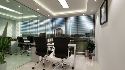 Modern and functional office interior design, expertly rendered in 3D. This visualization showcases a productive and stylish workspace, featuring sleek white desks with ergonomic chairs, ample natural