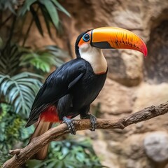 Vibrant toucan perched on branch, showcasing colorful beak and lush rainforest background.