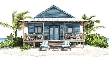 Fototapeta premium Watercolor Painting of a Serene Beach House Getaway.
