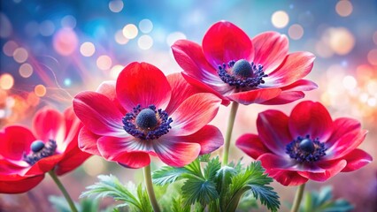 Surreal Red Anemone Flowers White Background Photography - Dreamlike Floral Image, Copy Space