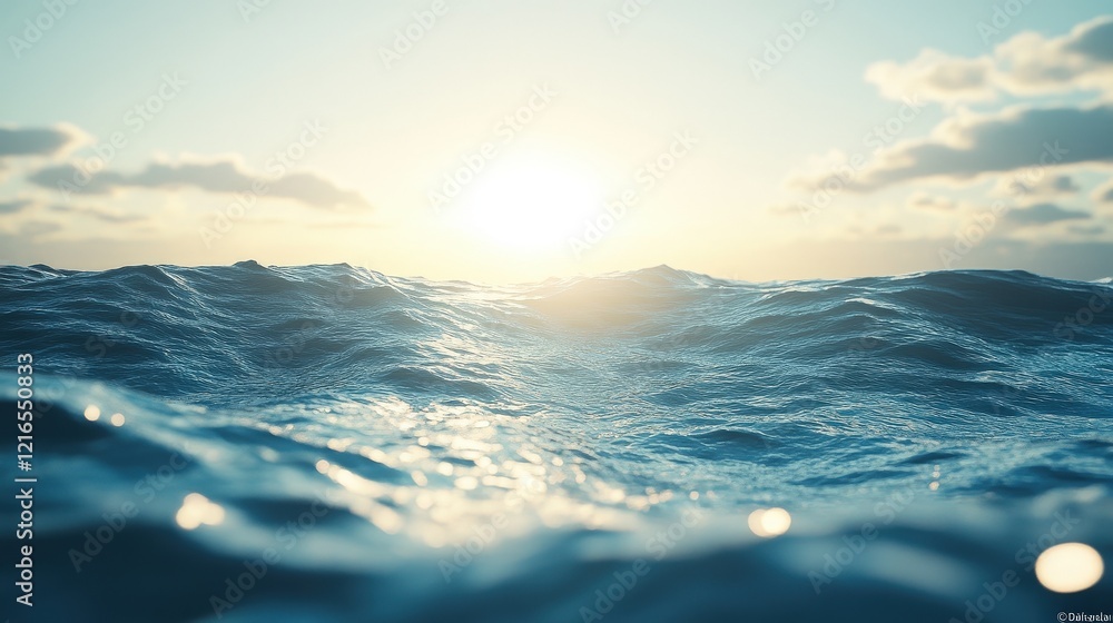 Aufkleber abstract blurred background of ocean waves with light reflection during sunrise and clouds in a sere