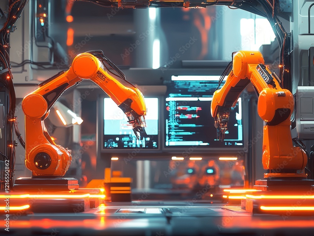 Aufkleber two robotic arms working in a futuristic factory setting