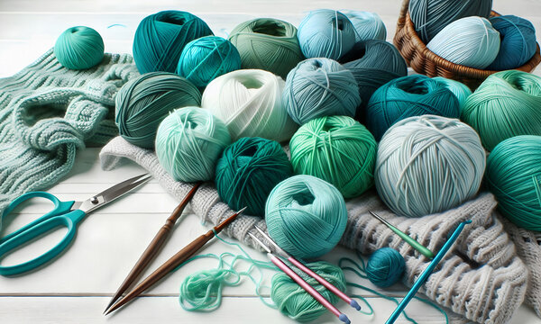 Strickzeug mit Wollkn&auml;ueln in verschiedenen Blau- und Gr&uuml;nt&ouml;nen mit Stricknadeln und Strickzubeh&ouml;r