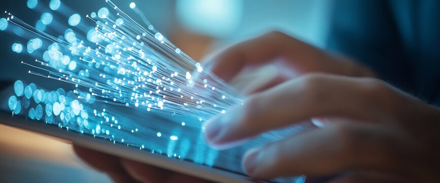 Fast internet, hands using tablet, fiber optics, glowing background, tech