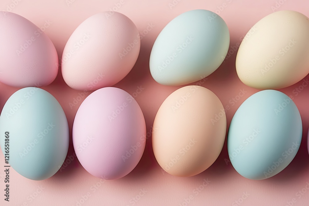 Poster soft pastel eggs arranged in neat line create calming spring vib