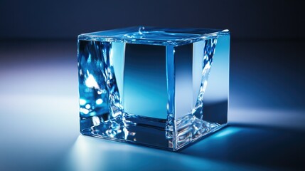 A transparent blue cube-shaped box with its flaps open,