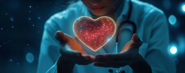 female doctor holding a holographic heart symbol in her hands. medical care, health, purification technology and digital medicine concept.
