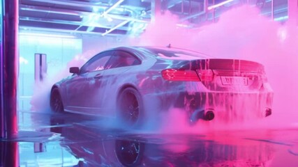 A sleek car is undergoing a dynamic wash process surrounded by vibrant pink and blue lights. Foam covers the vehicle as water creates a misty environment