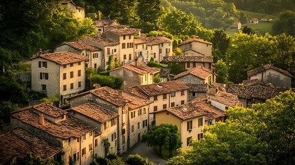 Hillside village sunset, French countryside homes, golden hour, tranquil scene, travel postcard