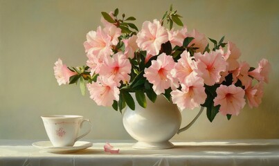 Forced perspective of pink flowers in a white vase with a matching cup nearby