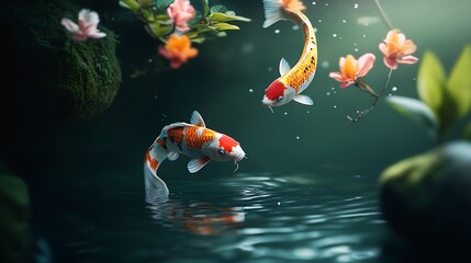 Koi fish leap in serene pond, flowers bloom, zen garden background